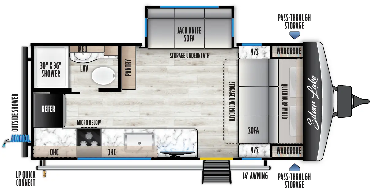 The 1800RB has one slideout and one entry. Exterior features front pass through storage, rear outside shower, 14 foot awning, and LP quick connect. Interior layout front to back: queen murphy bed/sofa with storage underneath, with wardrobes and night stands on each side; off-door side slideout with jack knife sofa with storage underneath, and a pantry along inner wall; door side entry, kitchen counter with TV hookup, kitchen counter with sink, overhead cabinets, cooktop with microwave below, and wraps to rear refrigerator; rear off-door side full bathroom with medicine cabinet.